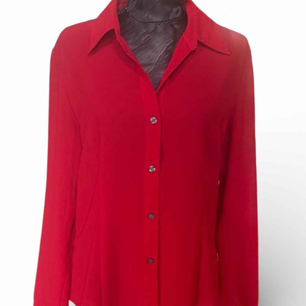 NY & Co Red Button Front Blouse Medium Long Sleeve Career Work Shirt - Picture 2 of 7